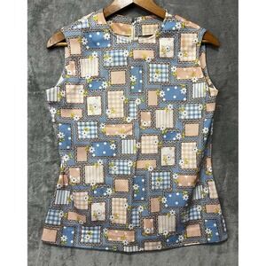 VTG 70's Sleeveless Shirt Back Zipper Fitted Blue Pink Floral Large